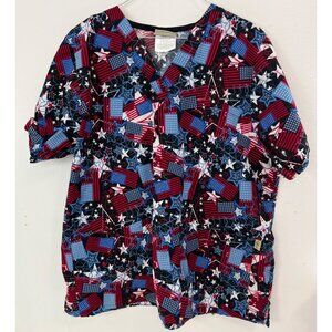 Tafford Scrubs Top Medical Nursing Large L Flags Stars Patriotic USA